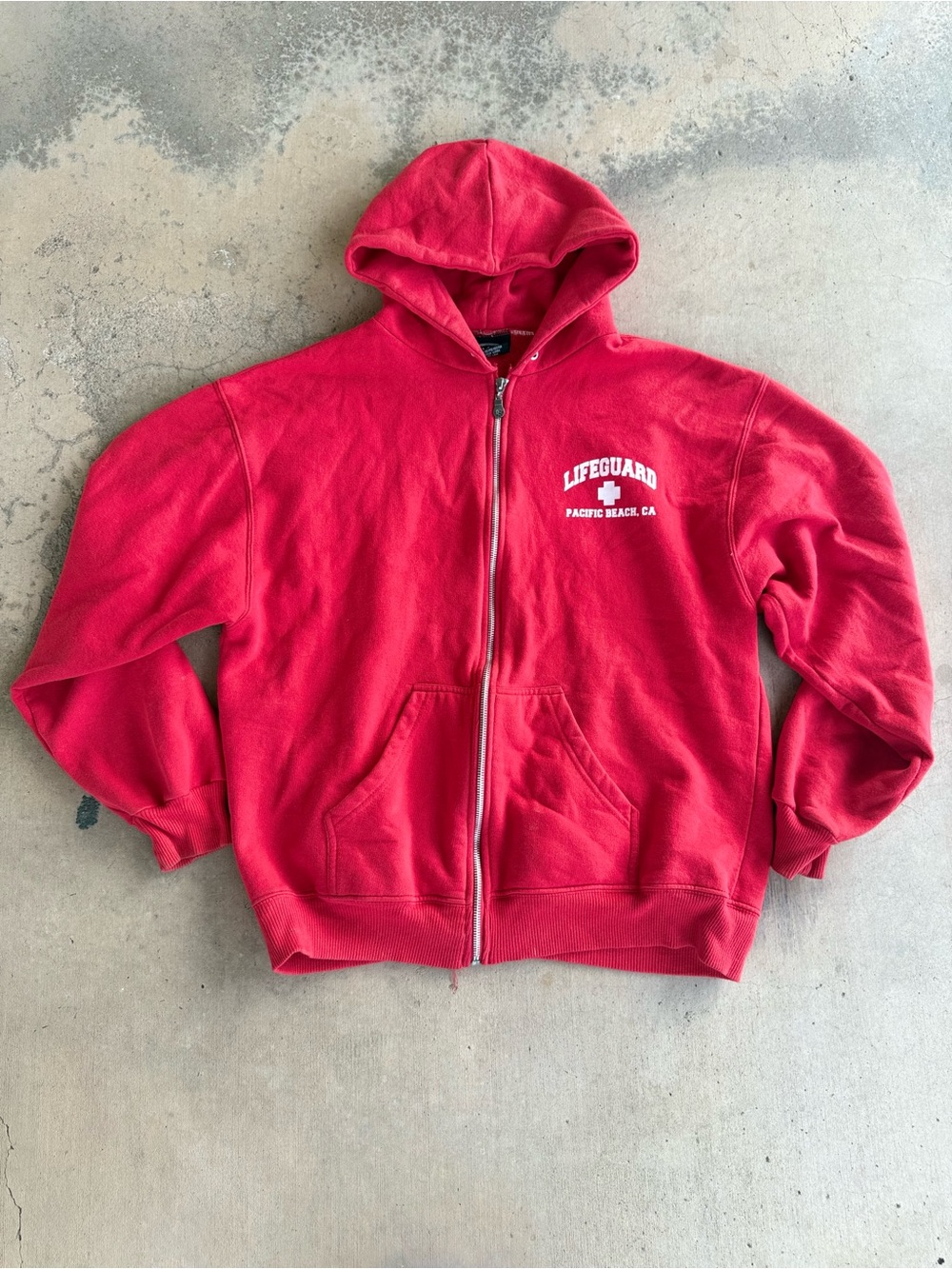 Vintage Y2K Pacific Beach Lifeguard Red Zip-Up Hoodie Size L